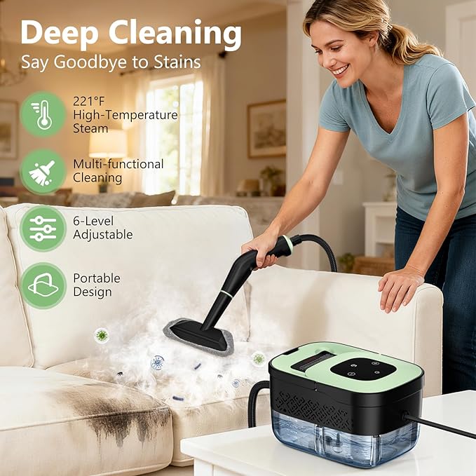 Steam Cleaner, Portable Steamer for Cleaning with 16pcs Accessories, 6-Level Adjustable, 15s Heat-Up, Handheld Steam Cleaner for Home for Tile, Grease, Dirt, Grout, Car Detailing, Green