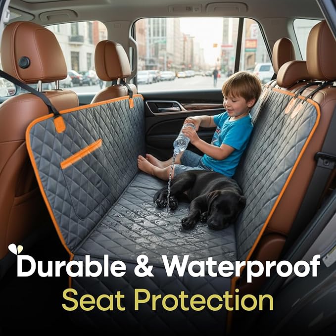 Jubily Dog Car Seat Cover for Back Seat, 100% Waterproof 600D Oxford Cloth Non-Slip Car Seat Protector, Universal Fit Pet Seat Cushion with Storage Pocket, Safety Ropes & Leash (Orange Edge)