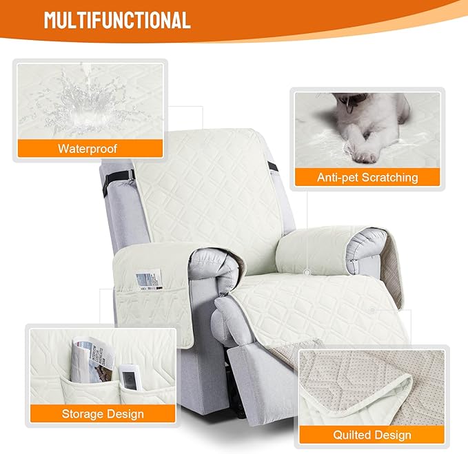 VANSOFY 100% Waterproof Recliner Chair Covers, Recliner Cover Non-Slip Dog Chair Cover Furniture Protector Washable Slipcover with Pocket, Elastic Straps for Pets, Dogs(Off White, 30")
