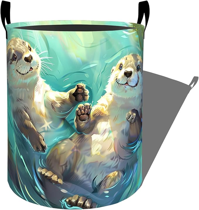 Playful Otters Floating in Water Laundry Basket with Handles, 19.7"x15.7" Clothes Foldable Laundry Hamper Organizer for Dorm Nursery Bedroom Bathroom Decor, Toy Storage Bin for Kids