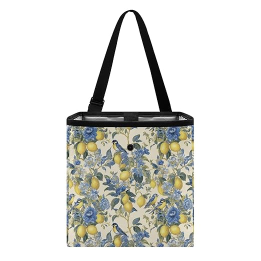2 Gallons Open-Top Car Trash Can Hanging Car Trash Bag Water Resistant Leakproof Trash Bag Car Accessories for Women Men, Lemon Birds Floral Pattern