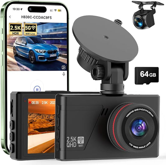 Dash Camera for Cars, 2.5K Dual Dash Cam Front and Rear W/ 64GB Card,3"IPS Screen Car Cam Built-in 5G WIFI,Car Dash Cam with G-Sensor, Loop Recording, Night Vision, 24H Parking Monitor,170°Wide Angle