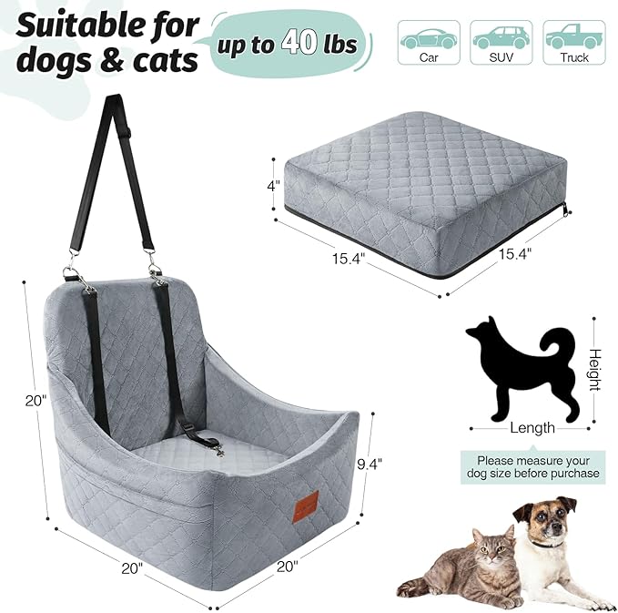 Lealchum Dog Car Seat for Medium Dogs Up to 40lbs,Fully Detachable and Washable,Easy to Install with Adjustable Straps,Anti-Slip Base Travel Car Bed for Pets,2 Side Pockets(Grey,Medium)