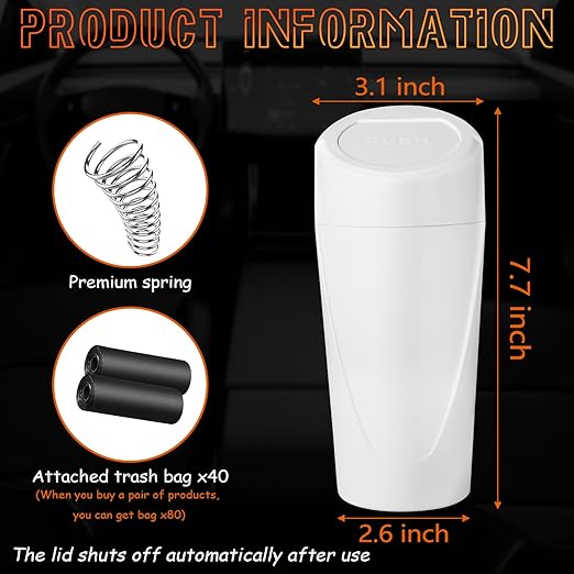 Car Trash Can with Lid-2Pack, Leakproof Garbage Can with 80 Attached Trash Bags, Mini Essential Car Accessories for Interior for Car, Home, Office（White）