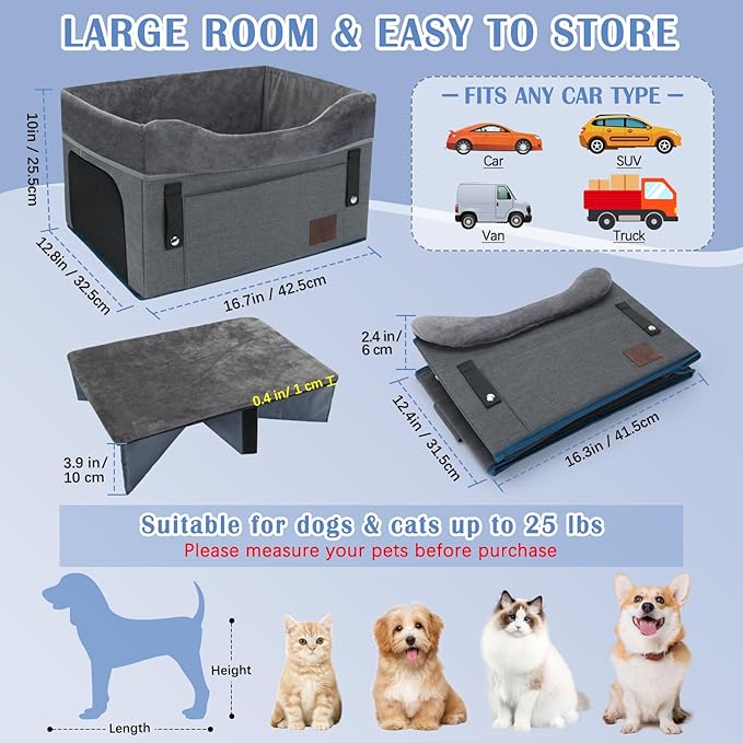 PetsHome Dog Car Seat for Small Dogs, Detachable Washable Pet Booster Seat with Storage Pocket, Breathable Mesh, Safety Leash, Adjustable Straps for Small Pets Up to 25lbs-Grey