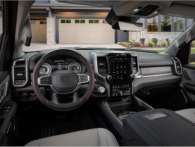 West Llama Customized Auto Car Steering Wheel Cover for Dodge RAM 1500 2500 3500, 15.5-16 inch (Diamond Quilted-Black+Red-Large Size)