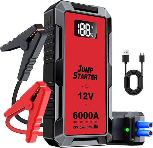 6000A Car Jump Starter, 12V Jump Starter Battery Pack (All Gas,up to 10.0L Diesel Engine) Jumper Cables Portable Lithium Jump Box, USB Output and LED Light