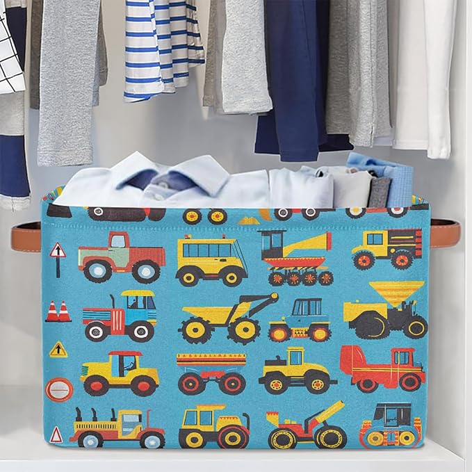 Cartoon Construction Storage Baskets for Organizing, Fabric Collapsible Storage Bins Box Cars Tractors Bulldozers Decorative Toy Organizer Baskets for Closet Shelves Gift Basket 2Pcs