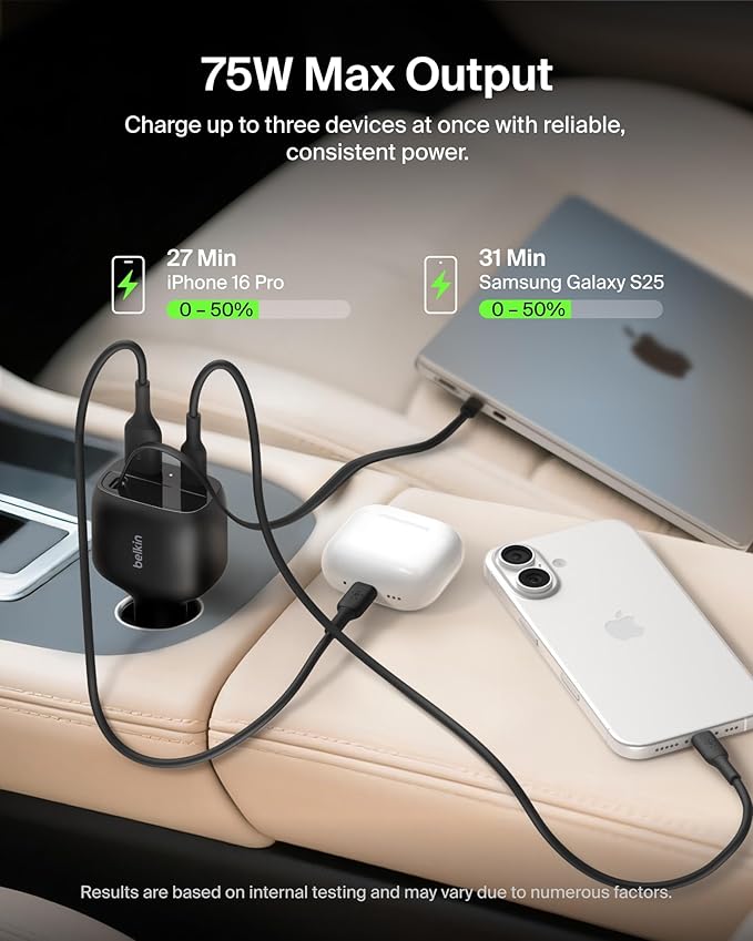 Belkin USB C Car Charger 75W w/ 30in USB C Retractable Charger, Compatible with iPhone 17 & 16 Series, Galaxy S25 Series, AirPods, Tablet, MacBook, Chromebook