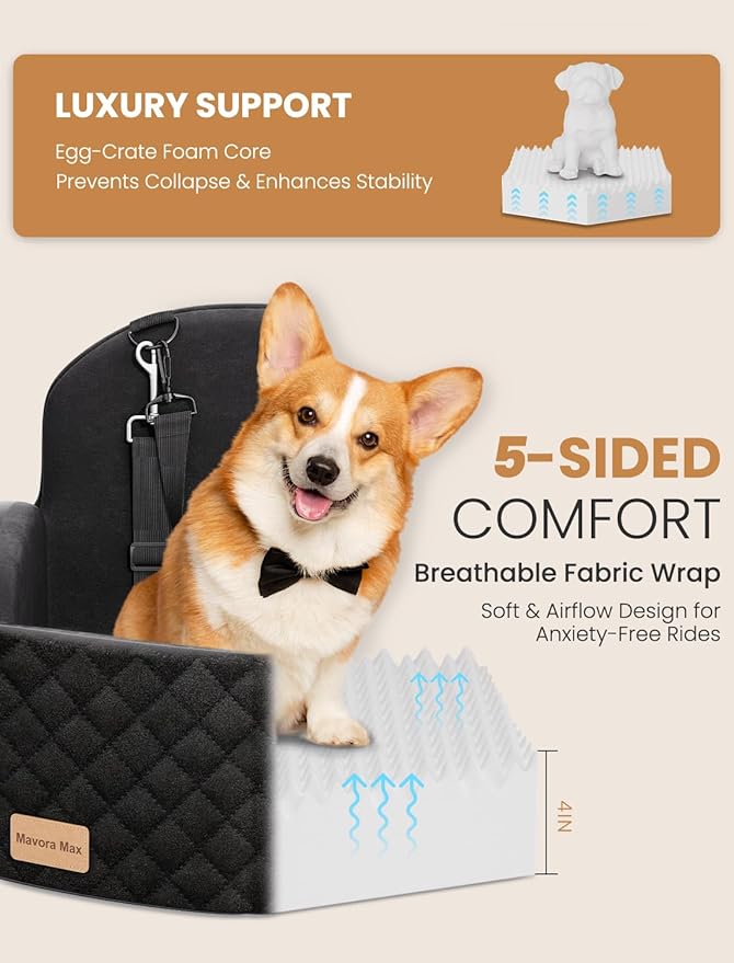 Dog Car Seat for Small/Medium Dogs, Elevated Dog Booster Seat Memory Foam Puppy Car Seat with Washable Cover, Travel Safety Pet Seat for Car with Storage Pockets Up to 35 lbs (Black)