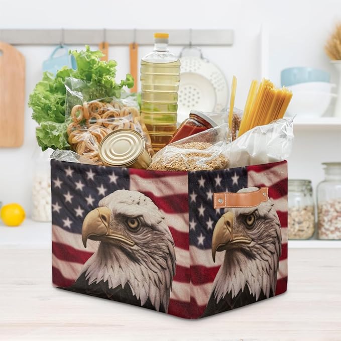 Retro American Flag Storage Baskets for Organizing, Fabric Collapsible Storage Bins Box Bald Eagle Decorative Toy Organizer Baskets for Closet Shelves Gift Basket 2Pcs