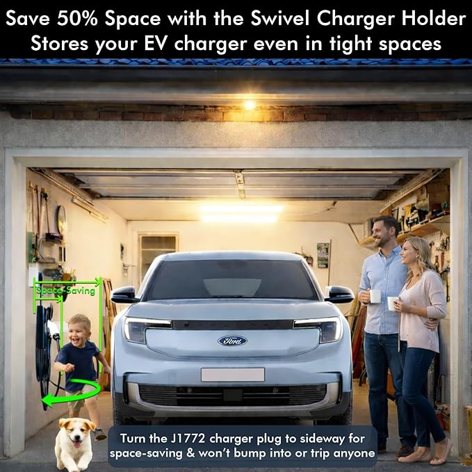 EV Charging Cable Holder, Swivel Electric Car Charger Wall Mount with 3-Types Wall Anchor for All Walls, J1772 Holder for Tight Garage, Outdoor Cord Organizer Use, Save 50% Space