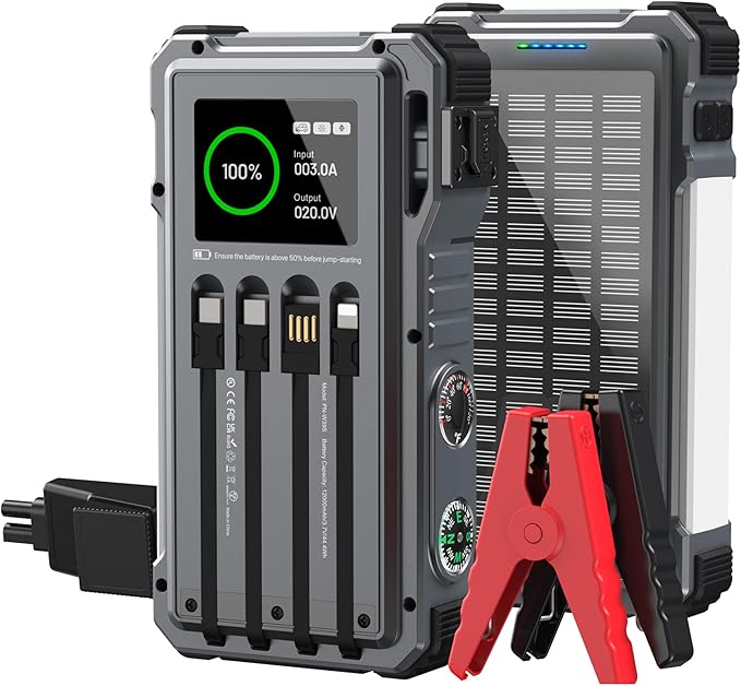 Solar Power Bank 44400 mWH, 45W Fast Charging with 4 Built-in Cables & Car Battery Jumper Starter Portable, 12V Battery Booster Pack with Smart Display,Gift for Men, Gray