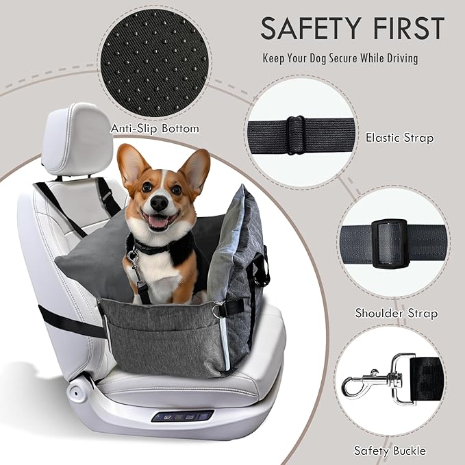Dog Car Seat for Small/Medium Dogs Under 40 lbs - Elevated Pet Seat with Safety Belt, Non-Slip Base, and Storage Pockets for Car Travel Gray