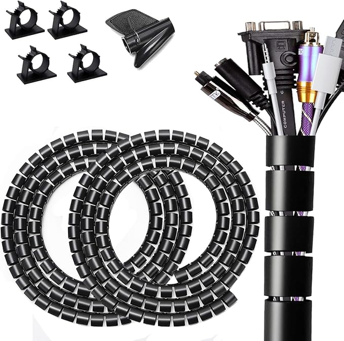 Large PC Cable Management Tube Sleeve Under Desk Wire Organizer for Cords 2 PCS Black, 1.1 inch -5 ft EZ Spiral Cable Wrap Cover Bundler w/Clips for TV Office, Pet Proof Cable Protector