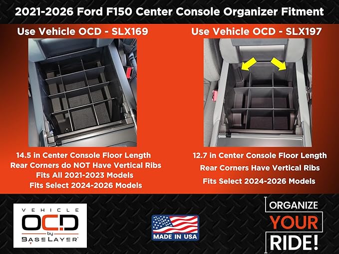 Vehicle OCD - Center Console Organizer for Ford F150 (2021-2026) (full console w/bucket seats ONLY) - Made in USA - Select 2024-2026 models - SLX169