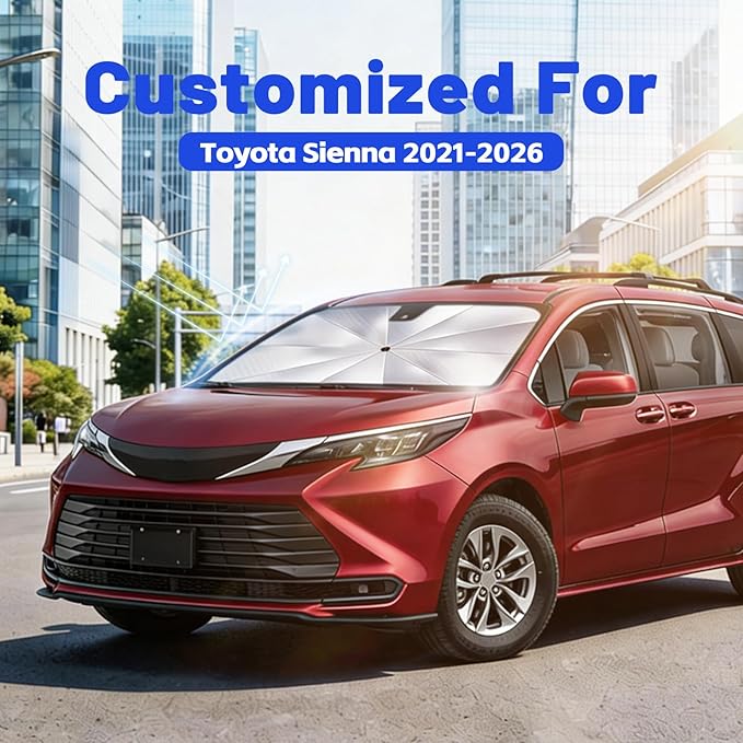 Car Windshield Sun Shade for Toyota Sienna 2021-2026 –[Reflective Coated Fabric] Sunshade Umbrella for Front Window, Car Shades Sun Visor Keep Car Cool and Protects Interior, 1:1 Exact Fit