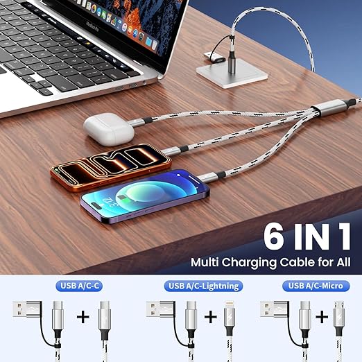 Travel Essentials 3 in 2 Multi Charging Cable, USB A/C Charging Cords with Type-C/IP/Micro, Universal Phone Charger Cord Compatible with iPhone17-8/iPad/Android/Tablet/Car (3Packs 5FT)