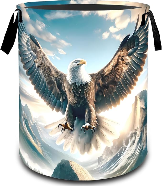 Bald Eagle Mountain Laundry Basket, Dirty Collapsible Clothes Toy Organizer Hamper for Kids Adults, Oxford Cloth Waterproof Storage Bin for Bedroom Bathroom Patriotic Decor Gifts, 19.7"X15.7"