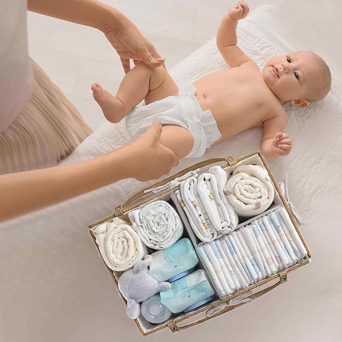 HBlife Diaper Caddy Organizer, Large Hand-Woven Storage Basket for Diapers & Baby Essentials - Modern Fashion Colorblock Design, Ideal Gift for Baby Shower & Registry Must-Have
