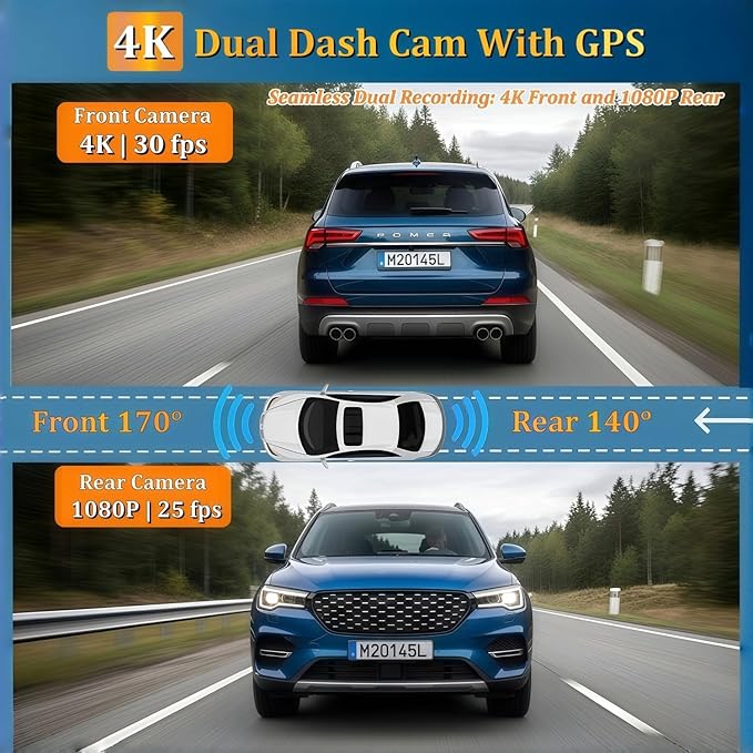 Dash Cam Front and Rear with GPS, 4K+1080P Dash Camera for Cars, 7Track Dual Car Camera with Built-in GPS Tracker, 64GB Card, 3.19" IPS Screen, WiFi, HDR, Night Vision, Parking Mode, Loop Recording