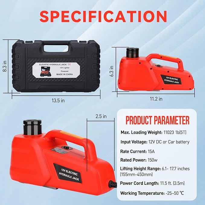 Trihelper Electric Car Jack 5 Ton 12V Hydraulic Jack Portable Car Lift Floor Jack Stand for Sedans SUV MPV Sedan Truck Change Tires Garage Repair Roadside Emergency Kit