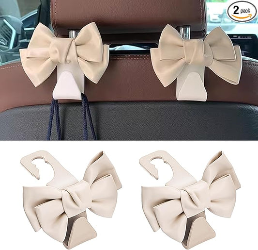 2 PCS Car Seat Headrest Hooks, Cute Bow Shaped Vehicle Backseat Storage Hooks, Leather Bow Shaped Sturdy Car Seat Back Hooks for Purses/Coats, Car Accessories (White)