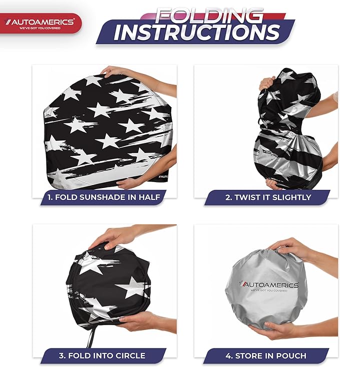 Autoamerics Truck Windshield Sun Shade with Storage Pouch & Anti-Slip Dash Pad - Foldable B&W Art USA Flag Design - Fits Most SUVs & Trucks - Block UV Rays and Keeps Vehicle Cool | XL (66 x 36 inches)