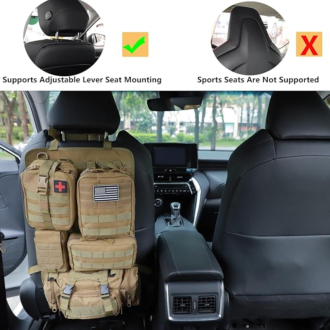 Jimikay Tactical Car Seat Back Organizer Hanger Bag with 5 Detachable Molle Pouch Vehicle Molle Panel Organizer Storage Bag Universal for for most car models (Khaki)