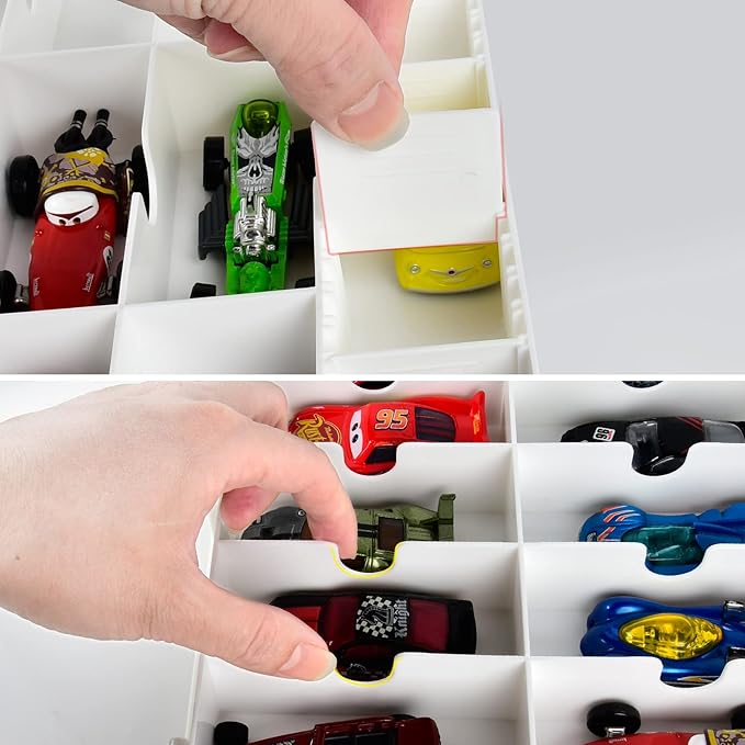 FULLCASE Toys Organizer Storage Compatible with Hot Wheels Car, Container for Matchbox Cars, Mini Toy, Small Dolls, Double Sided Carrying Box for Hotwheels - 48 Compartments (Case Only) White