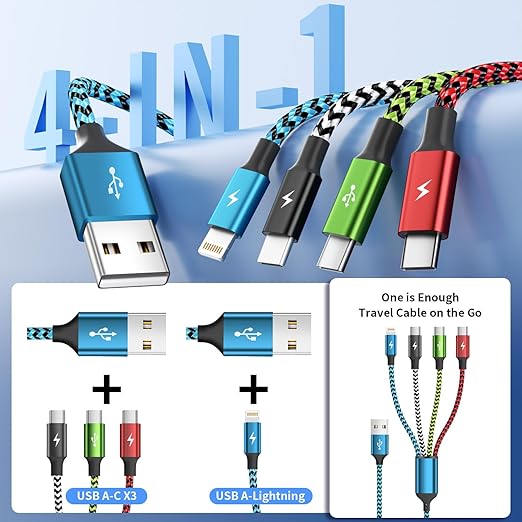 Travel Essentials, Dual Type-C 4 in 1 Multi Charging Cable 2 Pack 5FT Multi Charging Cables for All Devices,Charger Cord Adapter 2USB-C/IP Port for Cell Phones ( Blue&Black,USB A to 3 Type C+1IP )
