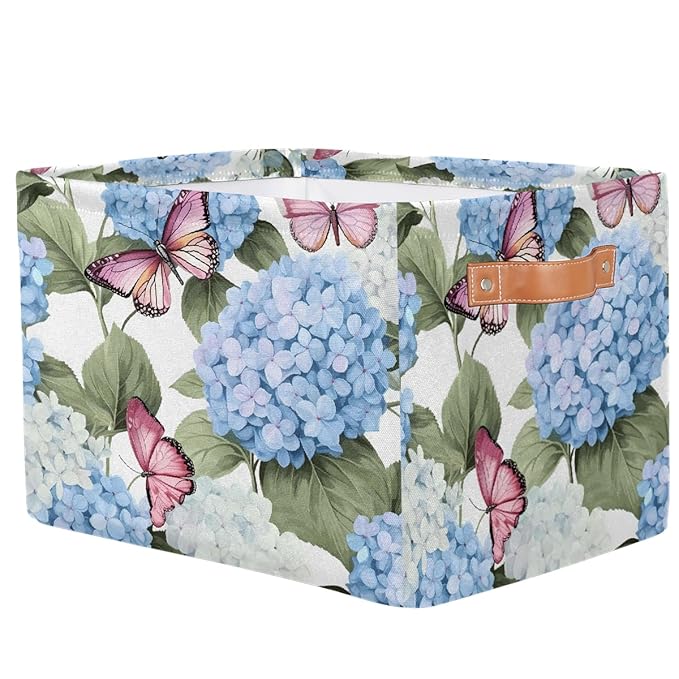Blue Hydrangea Flowers Storage Baskets for Organizing, Fabric Collapsible Storage Bins Box Pink Butterfly Decorative Toy Organizer Baskets for Closet Shelves Gift Basket 1 Pc