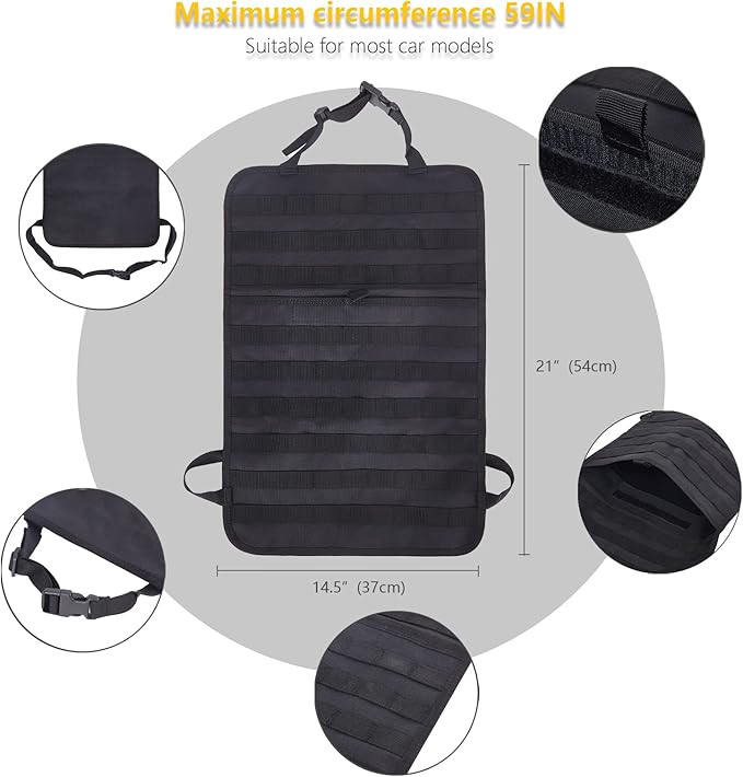 BXBXHD Universal Tactical Car Seat Back Organizer Bag Tactical Molle Vehicle Organizers Panel Vehicle Protector Organizers with 4 Detachable Pouches for Car Truck Ford Jeep Vehicle (Black)