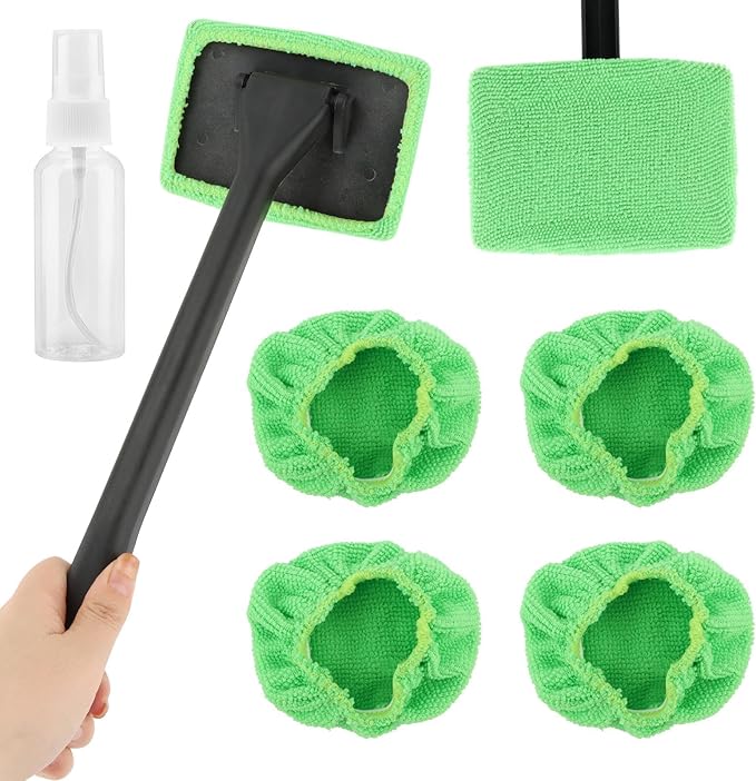 Windshield Cleaner Tool, Car Window Cleaner with Extendable Handle,5 Reusable Microfiber Pads,Windshield Cleaning Tool,Auto Glass Wiper for Car Detailing,Home Windows(Green)
