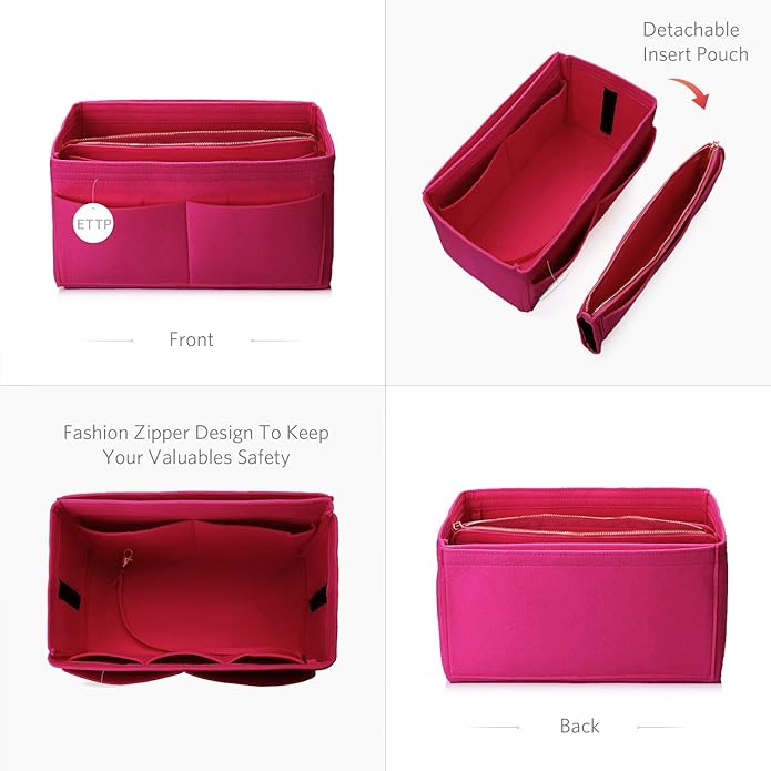 Purse Organizer Insert, Felt Tote Organizer Insert With Metal Zipper, Handbag Organizer For Speedy, Neverfull, Tote, Handbag, 7 Colors 5 Sizes