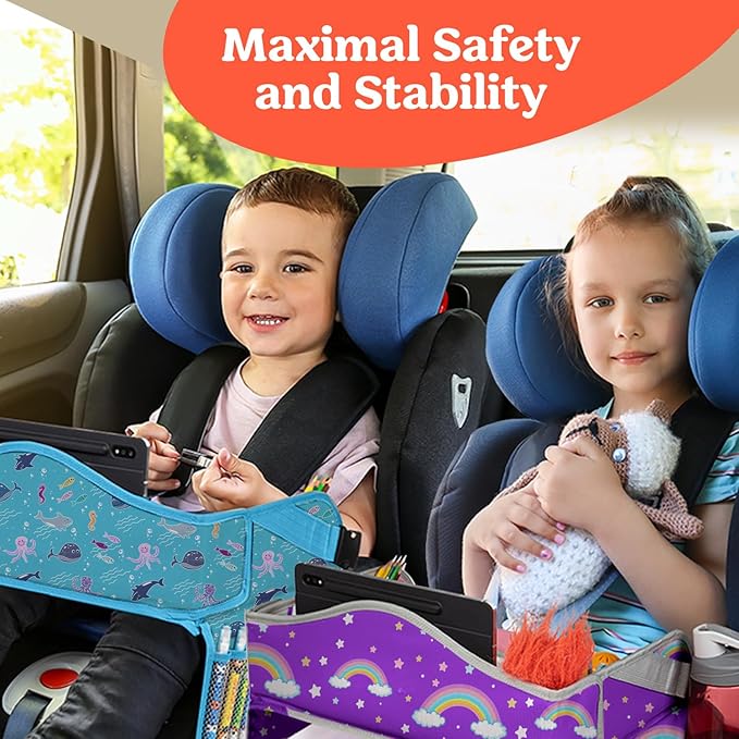 PILLANI Kids Travel Tray for Car - Toddler Essentials for Road Trip, Carseat Tray for Kids Travel, Car Activities for Kids Ages 4-8 w/ Activity Sheets & Pens, Tablet Holder, Dry Erase Board,Cup Holder