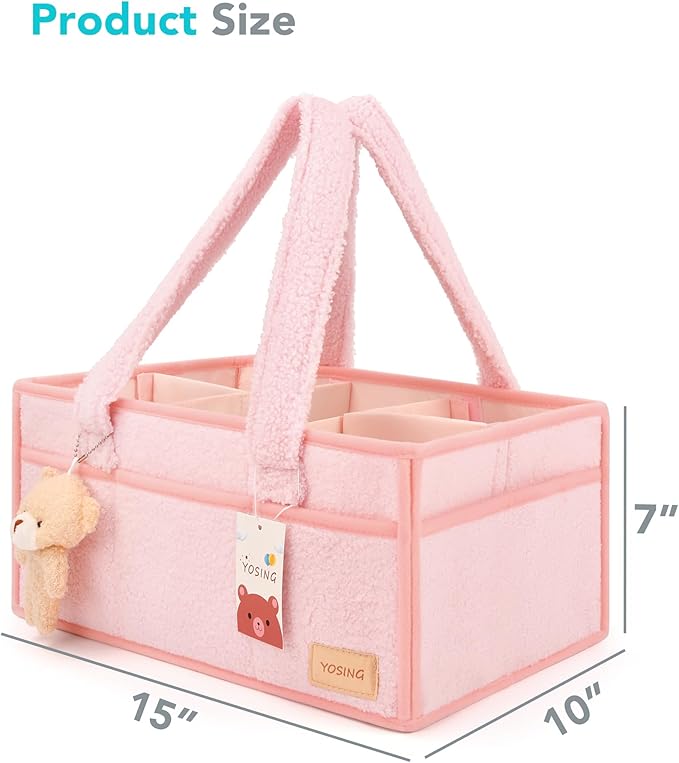 YOSING Cute and Playful Pink Diaper Caddy Organizer, 13 Compartments, Adjustable, Baby Diaper Caddy for Car, Changing Table, Nursery Storage, Car Organizer for Diapers and Baby Wipes