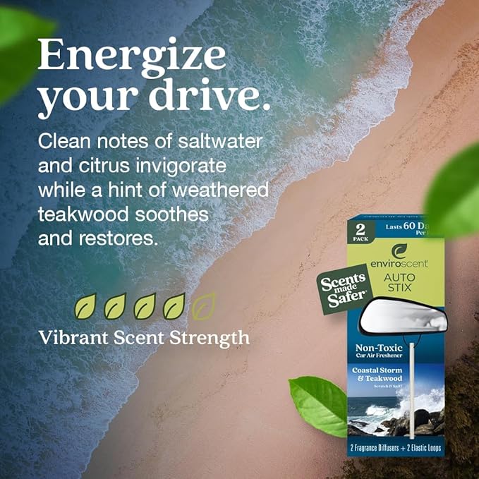 Enviroscent Non-Toxic* Car Air Freshener Auto Stix® - Scents Made Safer - Enjoy Fragrance Lasts Up to 480 Days - Includes Auto Stix® Diffusers & Elastic Loops - Coastal Storm & Teakwood (Pack of 8)
