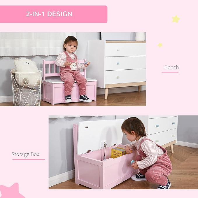 Qaba Toddler Toy Box Storage Bench with Large 27 Liter Interior, Kids Storage Bench Seat with Storage for Toddler Playroom Furniture, Kids Bedroom Furniture, Toy Organizer and Storage Bin Pink