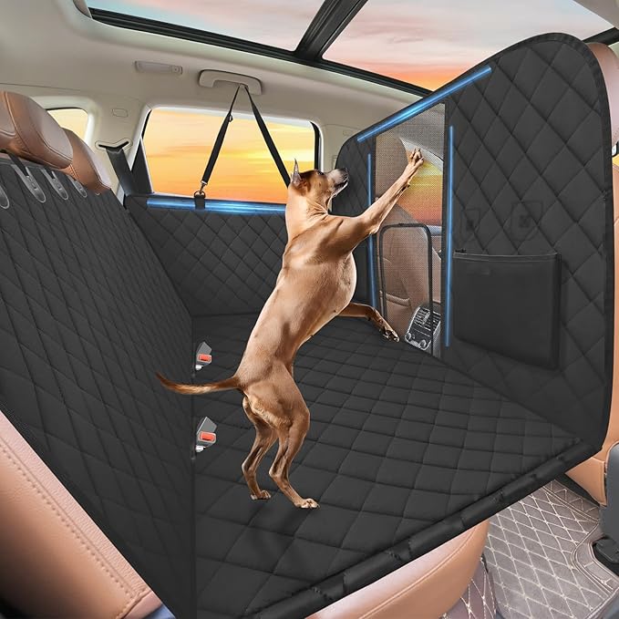 Back Seat Extender for Dogs-Large Space, High Barrier Hard Bottom Dog Car Seat Cover for Back Seat Hold 420lb, Backseat Protector Pet Bed, Waterproof Dog Hammock for Car SUV and Trucks, Black