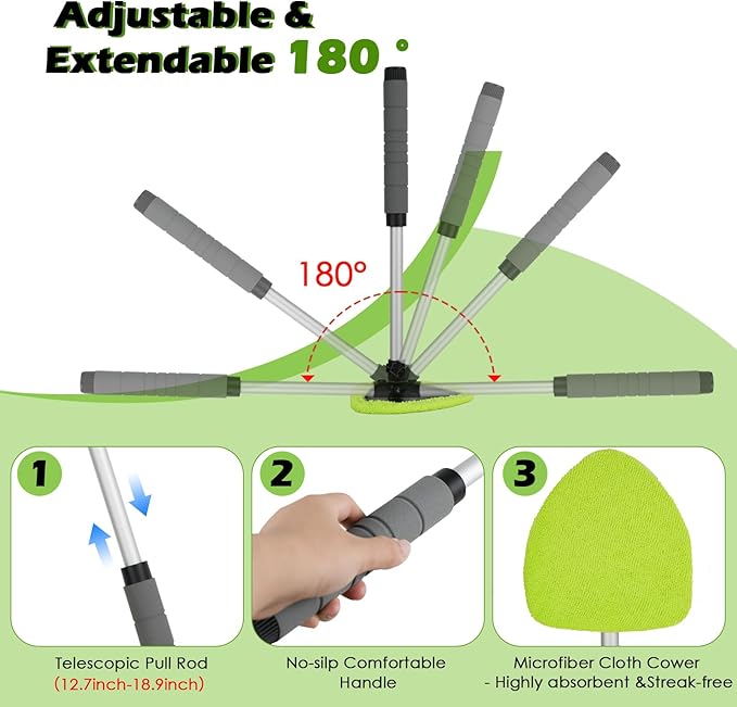 7PCS Windshield Cleaner Tool, Car Windshield Cleaner Tool+Side Mirror Squeegee +3 Microfiber Pads+100ml Spray Bottle+1 Detailing Brush,12-19inches Extendable Handle,180° Rotation