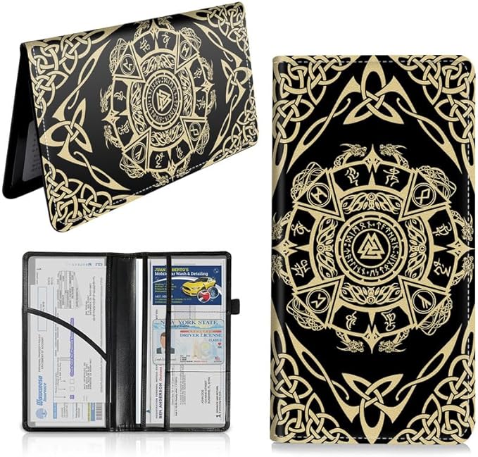 Car Registration and Insurance Card Holder, Vehicle License Documents Glove Box Compartment Organizer Wallet, ID Card Holder for Car Essentials Automobile, Nordic Viking