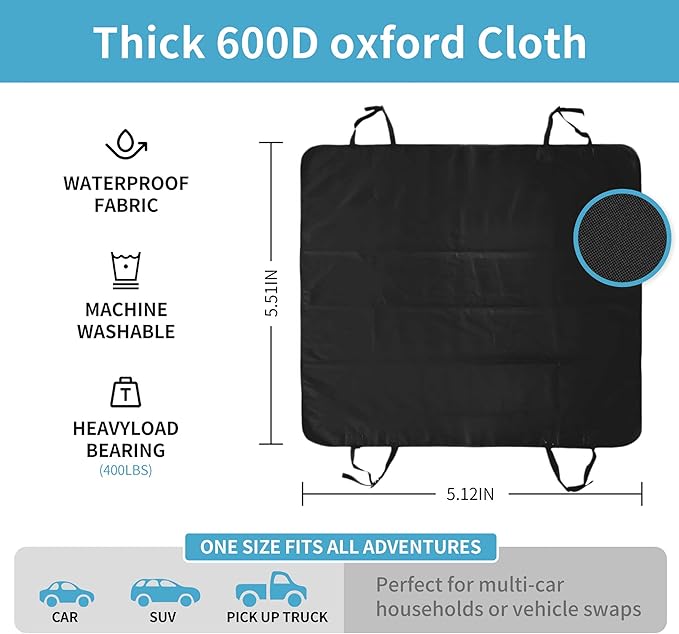 Dog Car Seat Cover for Pets - 100% Waterproof 600D Oxford Heavy Duty Hammock Style Scratch Proof Non Slip Back Seat Protector with Side Flaps, Fits Cars Trucks SUVs, Black