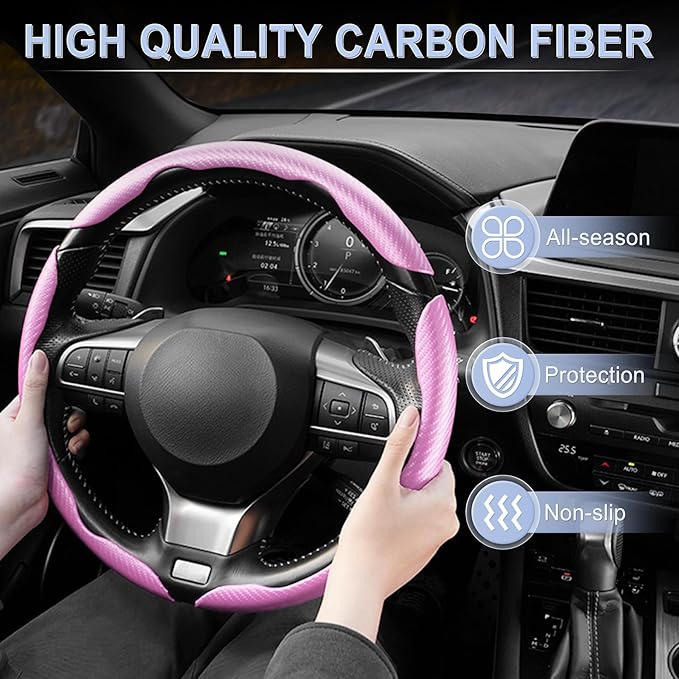Amiss 3pcs Carbon Fiber Anti-Skid Steering Wheel Cover, Waterproof & Segmented Butterfly Design, Universal 99% Vehicle Wheel Cover Protector, Car Interior Accessories (Pink-3pcs)