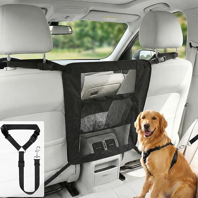 Dog Car Barrier & Seat Belt Set, Heavy Duty Canvas Car Seat Divider for Dogs with Double-Sided Organizer, Adjustable Elastic Straps, Precision Fit for SUVs & Cars, Pet Travel Safety Kit