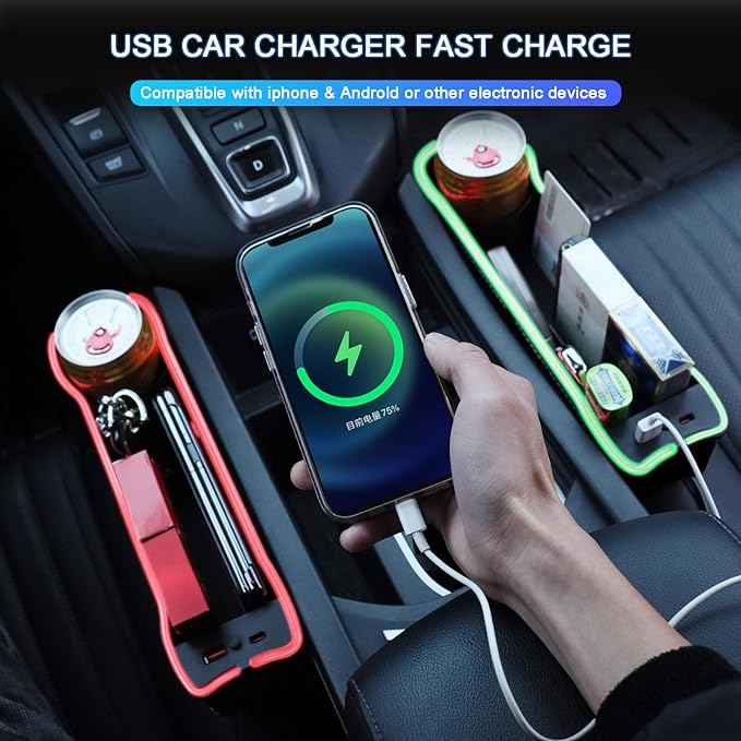 2-Pack Car Seat Gap Filler Organizer with Voice-Activated Rhythmic 5-Color LED Lights, USB and Type-C Charging Ports, Cup Holder, Card, and Key Storage - Universal Car Seat Gap Filler (Black)