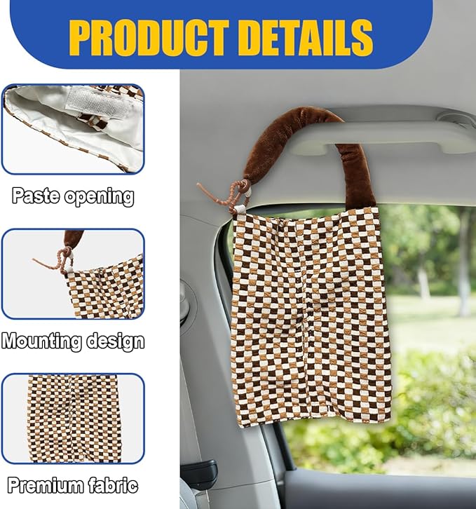 Car Tissue Holder, Checkered Pattern Car Backseat Napkin Holder, Rectangular Canvas Hanging Auto Tissues Box, Universal Vehicle Storage Organizer Accessory for Phone, Small Items (Coffee)