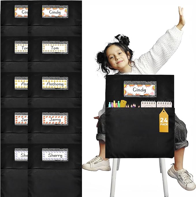 24 Pcs Classroom Chair Pockets, 19.49 x 15.94 inch Chair Pockets For Classroom, Seat Sacks for Classroom Chairs, Buddy Pocket, Chart Seat Back Organizer with Name Tag