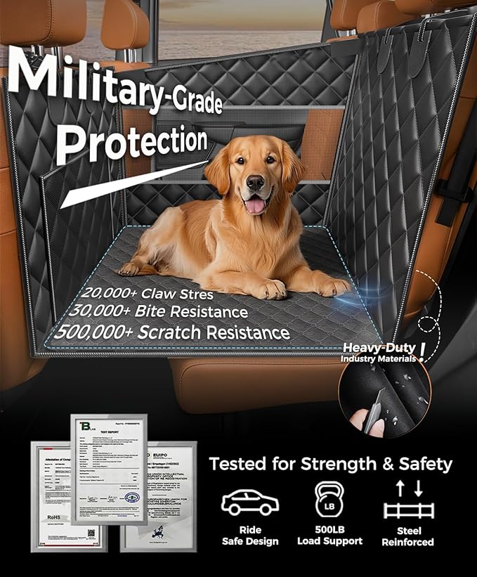 Doglike UNBREAK Dog Car Seat Cover for Back Seat [NO.1 Military-Grade Reinforced Protection], 500LB Ultra-Support Dog Carseat Hard Bottom, Waterproof Pet Carseat Dog Hammock for Cars/SUV/Truck L Size
