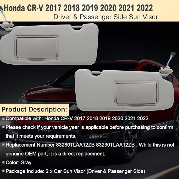 NHILES Driver & Passenger Side Sun Visor Compatible with Honda CRV 2017 2018 2019 2020 2021 2022 Sunshade Number 83280TLAA12ZB 83230TLAA12ZB Color: Gray